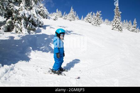 Kleinkind Junge in Helm, Brille und blauen Winter Overalls auf Skiern in wunderschönen schneebedeckten Bergen. Aktive Winterunterhaltung für Kinder. Skifahren Stockfoto