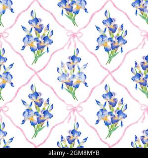 Aquarell Hand malen Iris Blume, nahtlose Muster. Schöne Iris Blumen und Blätter auf weißem Hintergrund. Stockfoto