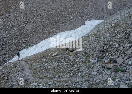 Die Frau blickt auf die Rocky Hänge rund um Thin Trail in den Great Basin National Park Mountains Stockfoto