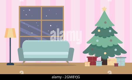 Cartoon Wohnzimmer mit Sofa und Weihnachtsbaum Stock Vektor