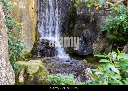 Nahaufnahme des kleinen Wasserfalls zwischen Steinen, umgeben von Pflanzen, Natur Hintergrund Stockfoto