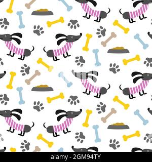 Nahtloses Muster mit Dackel, Futter und Knochen. Vektordarstellung auf weißem Hintergrund isoliert. Stock Vektor