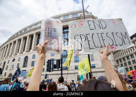 Tierrechtsdemonstranten versammeln sich während des Nationalen Tierrechtsmarsches in London am 28. August 2021 und marschieren nach Unilever. Stockfoto