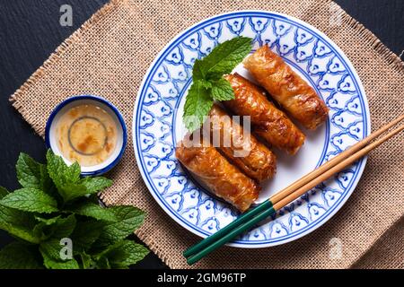 Food Concept Vietnamesisch gebratener Reis-Papier Frühlingsrollen mit Münzstätten auf schwarzem Hintergrund mit Kopierraum Stockfoto