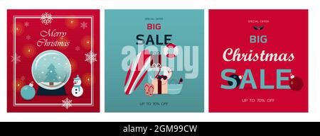 Set von weihnachtskarten. Vektor-Vorlage für Winterferien. Banner für den Verkauf im neuen Jahr, den schwarzen Freitag oder Weihnachtsrabatte. Flaches Design Stock Vektor