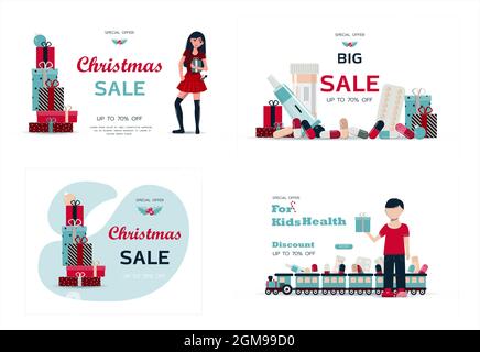 Set von weihnachtskarten. Vektor-Vorlage für Winterferien. Banner für den Verkauf im neuen Jahr, den schwarzen Freitag oder Weihnachtsrabatte. Flaches Design Stock Vektor