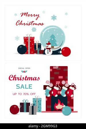 Set von weihnachtskarten. Vektor-Vorlage für Winterferien. Banner für den Verkauf im neuen Jahr, den schwarzen Freitag oder Weihnachtsrabatte. Flaches Design Stock Vektor