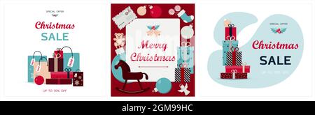 Set von weihnachtskarten. Vektor-Vorlage für Winterferien. Banner für den Verkauf im neuen Jahr, den schwarzen Freitag oder Weihnachtsrabatte. Flaches Design Stock Vektor
