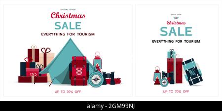 Set von weihnachtskarten. Vektor-Vorlage für Winterferien. Banner für den Verkauf im neuen Jahr, den schwarzen Freitag oder Weihnachtsrabatte. Flaches Design Stock Vektor