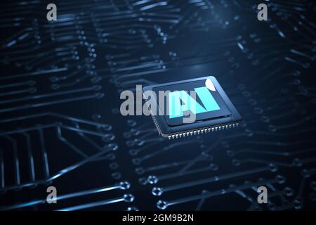 Künstlicher Intelligenz-Computerchip über zwei Schichten von Leiterplattenbahnen. 3d-Rendering Stockfoto