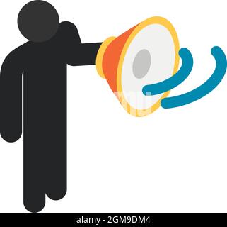 Isometrischer Vektor des Symbols „Achtung“. Stehende Stabfigur mit Megaphon. Werbe- und Promotion-Symbol, digitales Marketing Stock Vektor
