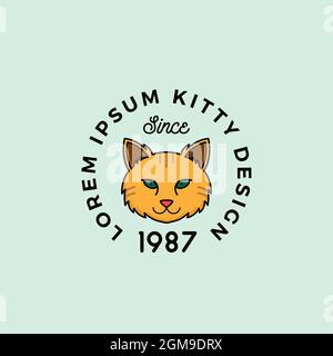 Katzengesicht im Linienstil mit Retro-Typografie. Abstraktes Vektorzeichen, Symbol- oder Logo-Vorlage. Cartoon Animal Silhouette. Isoliert Stock Vektor