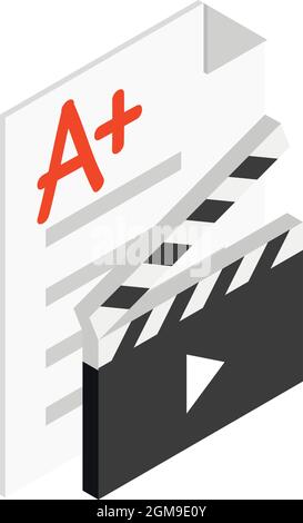 Isometrischer Vektor für Kinematografie-Symbole. Öffnen Sie das Filmklappenbrett und das Papierblatt. Filmemachen, Kinokonzept Stock Vektor