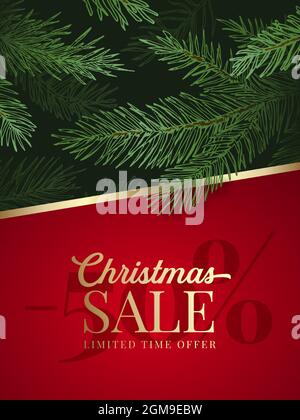 Weihnachtsverkauf Werbung Vektor-Grußkarte oder Poster. Kiefer Zweige Hintergrund mit Promo Banner. Winterurlaub Rabatt Angebot Dekoration Stock Vektor
