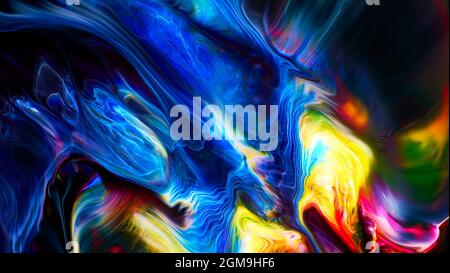 Fluide Liquide Art Acrylöl malt Textur. Abstrakter Mischeffekt im Hintergrund. Flüssiges Acryl Kunstwerk fließt Spritzer. Flüssige Kunsttextur Stockfoto