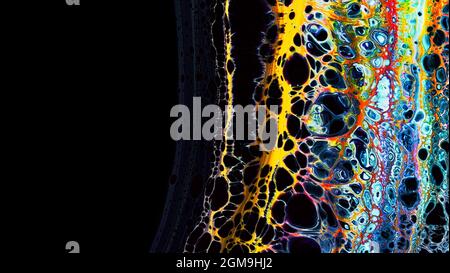 Fluide Liquide Art Acrylöl malt Textur. Abstrakter Mischeffekt im Hintergrund. Flüssiges Acryl Kunstwerk fließt Spritzer. Flüssige Kunsttextur Stockfoto