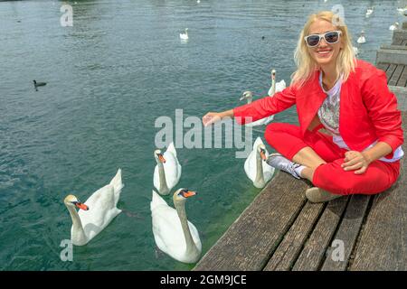 Blonde Tourist Girl spielt mit weißen Schwanen im türkisfarbenen Wasser des Zürichsees in Zürich Stadt. Jachthafen am See mit Menschen, die in der Natur ruhen und Stockfoto