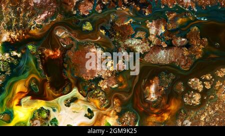 Fluide Liquide Art Acrylöl malt Textur. Abstrakter Mischeffekt im Hintergrund. Flüssiges Acryl Kunstwerk fließt Spritzer. Flüssige Kunsttextur Stockfoto
