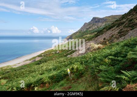 Eine Markierung des Wales Coast Path weist den Weg von Penrhyn Glas hinunter zum Strand von Porth y Nant mit Yr Eifl hinter der Lleyn Peninsula Stockfoto