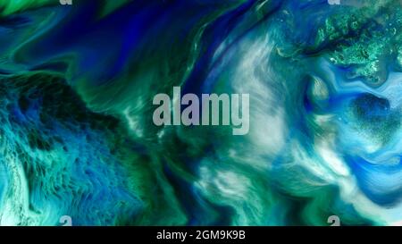 Fluide Liquide Art Acrylöl malt Textur. Abstrakter Mischeffekt im Hintergrund. Flüssiges Acryl Kunstwerk fließt Spritzer. Flüssige Kunsttextur Stockfoto