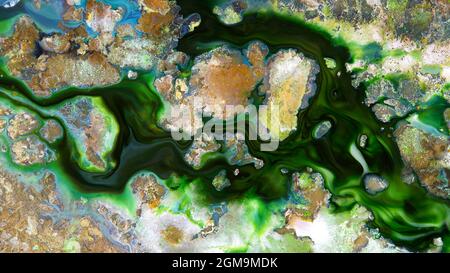 Fluide Liquide Art Acrylöl malt Textur. Abstrakter Mischeffekt im Hintergrund. Flüssiges Acryl Kunstwerk fließt Spritzer. Flüssige Kunsttextur Stockfoto