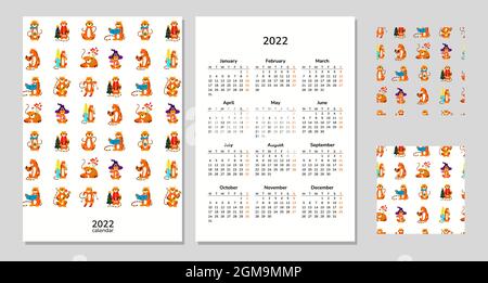 Vertikaler Kalender 2022. Tiger. Neujahr. Wandkalender A4. Vektor nahtlose Muster mit Cartoon isoliert Tiger Illustrationen. Chinesisches Horoskop Stock Vektor