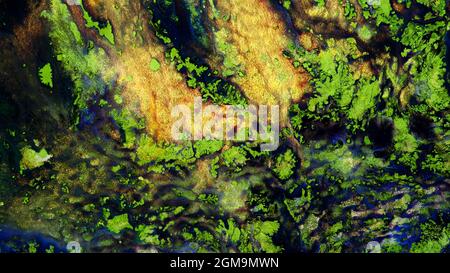 Fluide Liquide Art Acrylöl malt Textur. Abstrakter Mischeffekt im Hintergrund. Flüssiges Acryl Kunstwerk fließt Spritzer. Flüssige Kunsttextur Stockfoto