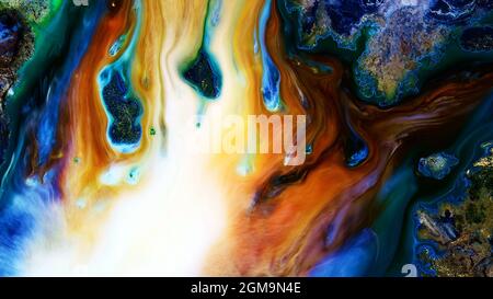 Fluide Liquide Art Acrylöl malt Textur. Abstrakter Mischeffekt im Hintergrund. Flüssiges Acryl Kunstwerk fließt Spritzer. Flüssige Kunsttextur Stockfoto
