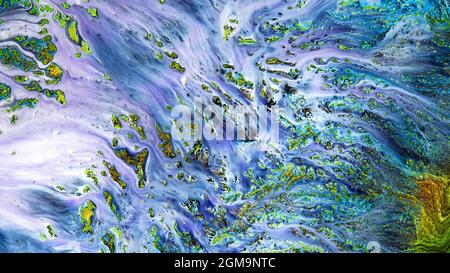 Fluide Liquide Art Acrylöl malt Textur. Abstrakter Mischeffekt im Hintergrund. Flüssiges Acryl Kunstwerk fließt Spritzer. Flüssige Kunsttextur Stockfoto