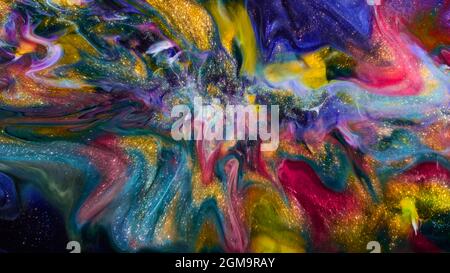 Fluide Liquide Art Acrylöl malt Textur. Abstrakter Mischeffekt im Hintergrund. Flüssiges Acryl Kunstwerk fließt Spritzer. Flüssige Kunsttextur Stockfoto