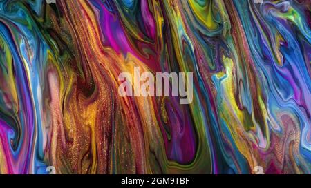 Fluide Liquide Art Acrylöl malt Textur. Abstrakter Mischeffekt im Hintergrund. Flüssiges Acryl Kunstwerk fließt Spritzer. Flüssige Kunsttextur Stockfoto