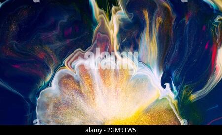 Fluide Liquide Art Acrylöl malt Textur. Abstrakter Mischeffekt im Hintergrund. Flüssiges Acryl Kunstwerk fließt Spritzer. Flüssige Kunsttextur Stockfoto