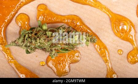 Marihuanaknospe und starker Extrakt aus goldenem Cannabiswachs mit hohem thc-Gehalt aus der Nähe. Stockfoto