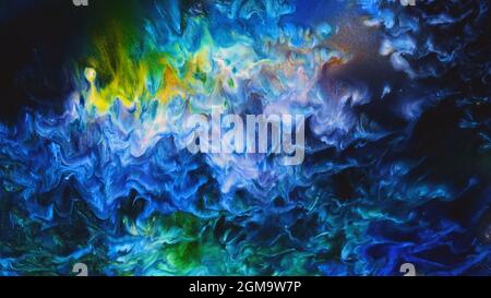 Fluide Liquide Art Acrylöl malt Textur. Abstrakter Mischeffekt im Hintergrund. Flüssiges Acryl Kunstwerk fließt Spritzer. Flüssige Kunsttextur Stockfoto