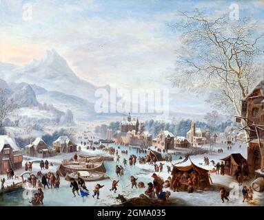 Winterszene mit Schlittschuhläufern des niederländischen Künstlers Jan Griffier (c. 1652 – 1718), Öl auf Kupfer Stockfoto