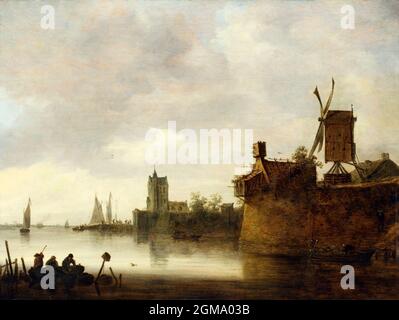 Jan Goyan. Gemälde mit dem Titel „Flusslandschaft mit Windmühle“ von Jan Josephszoon van Goyen (1596-1656), Öl auf Holz, 1648 Stockfoto