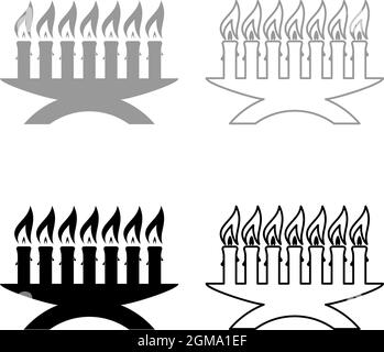 Kwanzaa Kerzen glühenden afrikanischen Urlaub Sieben Kerze auf Kerzenständer amerikanischen ethnischen kulturellen Urlaub set Symbol grau schwarz Farbe Vektor Illustration Stock Vektor