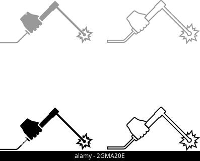 Schweißmaschine in der Hand hält elektrisches Werkzeug Verwenden Sie Arm mit Ausrüstung Spark-Elektroden-Set Symbol grau schwarz Farbe Vektor Illustration flach Stil einfach Stock Vektor