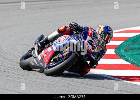 Toprak Razgatlioglu von Pata Yamaha mit Brixx WorldSBK Team mit Yamaha YZF R1 während der Hyundai N Catalunya WorldSBK Runde der FIM World Superbike Championship auf dem Circuit de Catalunya in Barcelona, Spanien. Stockfoto