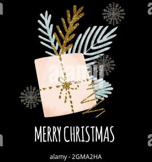 Geschenkillustration im Aquarellstil mit Tannenzweigen und Schneeflocken aus goldener Textur auf schwarzem Hintergrund isoliert. Frohe Weihnachten Stockfoto