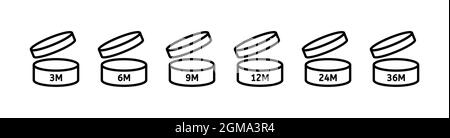 PAO-Symbole. Zeitraum nach dem Öffnen. Logo für 3, 6, 9, 12, 24 36 Monate. Vektor offenes kosmetisches Zeichen Stock Vektor