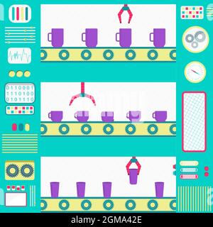 Bunte und niedliche Tassen Fabrik mit Maschinen, Förderband und Greifer. Flaches Design. Stock Vektor