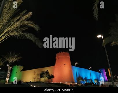 Abendaufnahme des Al Masmak Fort in Riad, Saudi-Arabien Stockfoto
