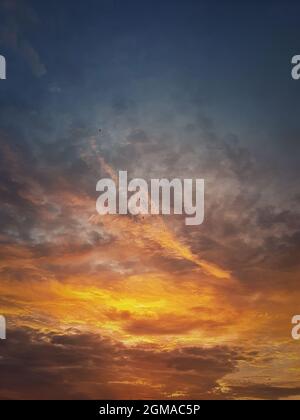 Herbsthimmel bei Sonnenuntergang. Vertikaler Hintergrund, verschieden farbige und geformte Wolken und Schwärme von Zugvögeln fliegen. Oktober saisonale himmlische Schönheit. Stockfoto