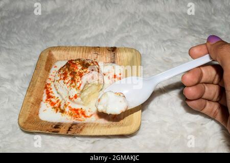 Weibliche essen köstlich weich und schwammig indischen herzhaften Snack Artikel Dahi bhalle delhi Chaat. Hergestellt aus Linsenteig und cremigem Joghurt mit roten gekrönt Stockfoto