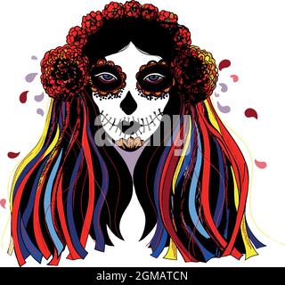 Handgezeichnetes Skizzenporträt einer fiktiven mexikanischen Frau auf weißem Hintergrund. Vektorgrafik. Stock Vektor