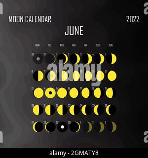 Juni 2022 Mondkalender. Astrologisches Kalenderdesign. planer. Platz für Aufkleber. Modell des Monatszyklus-Planers. Isolierter Schwarzweiß-Hintergrund Stock Vektor