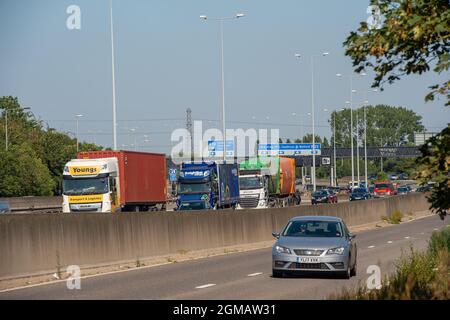 Staines, Großbritannien. September 2021. LKW auf der M25 in Staines. Einige Unternehmen in Großbritannien melden Probleme mit Unterbrechungen ihrer Lieferketten aufgrund eines Mangels an LKW-Fahrern nach dem Brexit und infolge der Covid-19-Pandemie. Quelle: Maureen McLean/Alamy Stockfoto