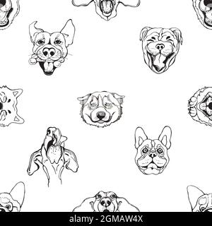 Nahtlose Muster von handgezeichneten Skizzenporträts von Hunden isoliert auf weißem Hintergrund. Vektorgrafik. Stock Vektor