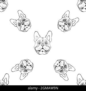 Nahtlose Muster von handgezeichneten Skizzenporträts von französischen Bulldoggen isoliert auf weißem Hintergrund. Vektorgrafik. Stock Vektor